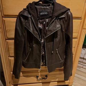 Guess Dark Brown Leather Jacket with Hood
